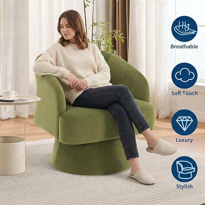 Swivel Barrel Chair - Velvet Upholstered Modern Armchair with Striped Backrest &amp Plush Padding Round Lounge Chair for Living Room Bedroom (Green-Openwork-(2 Pcs))