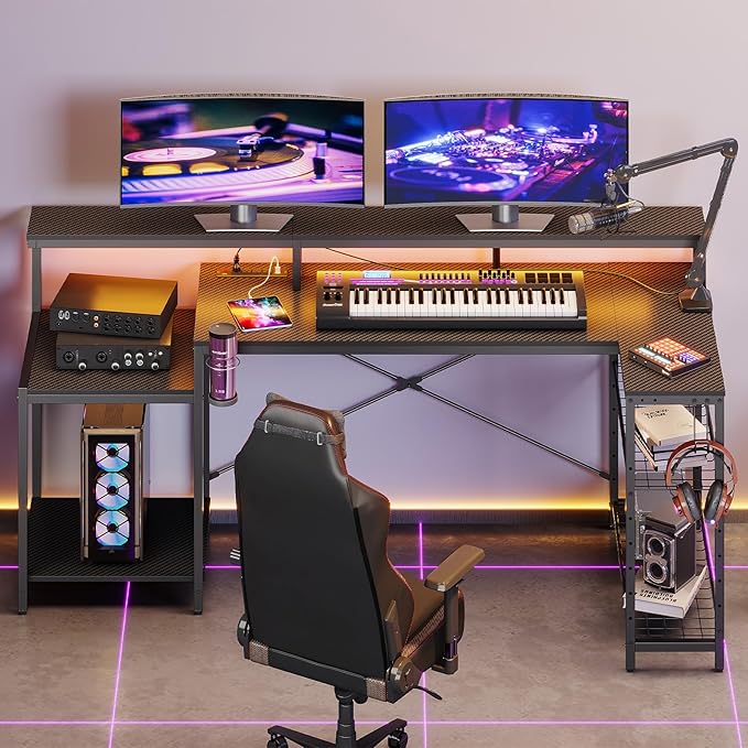 Bestier Gaming Desk with Power Outlet 71.5 inch LED Computer Desk with Monitor Stand L Shaped Large Desk with Metal Shelf Cup Holder &amp Headset Hooks Corner Desk for Bedroom 3D Carbon Fiber