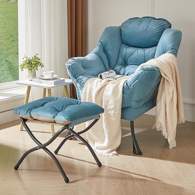HollyHOME Lazy Chair with Foldable Ottoman Accent Comfy Lounge Armchair and Folding Footrest Stool Leisure Sofa Reading Chair and Footstool for Living Room Bedroom DormBlue