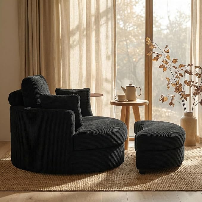 Yoglad 51” Swivel Barrel Chair with Storage Ottoman Corduroy Upholstered Accent Chair and A Half with Tray Table Oversized Chaise Lounge Round Sofa Chair for Living Room Bedroom(Black)