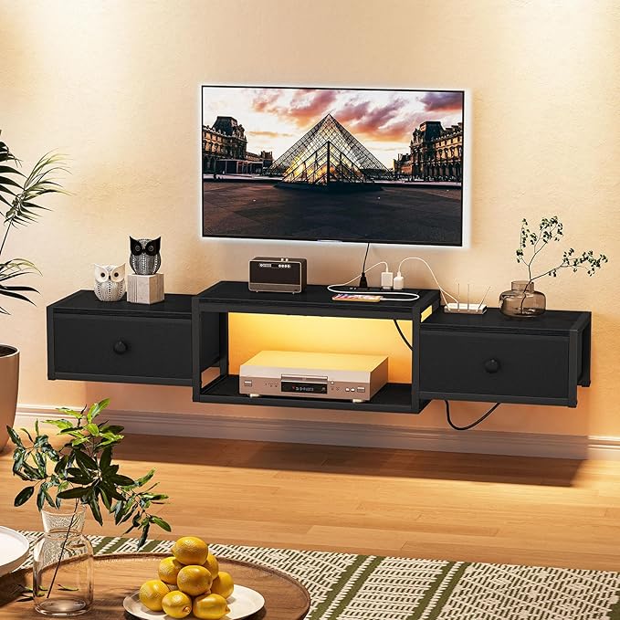 Snughome Floating TV Stand Wall Mounted with Power Outlet 55 Floating Entertainment Center with LED Lights Floating TV Shelf with Drawer Wall Mounted Media Console Shelf for Living Room Bedroom