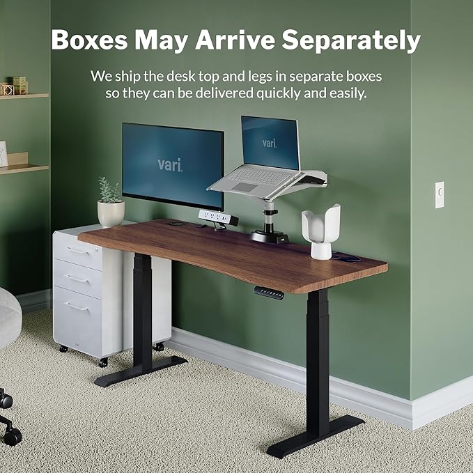 Vari Ergo 54x26 Electric Standing Desk + Height Adjustable Sit-Stand Desk + Curved Waterfall Edge 4 Memory Settings Quick Assembly Cable Management 200 lb Capacity – Walnut/Black (2 Boxes)