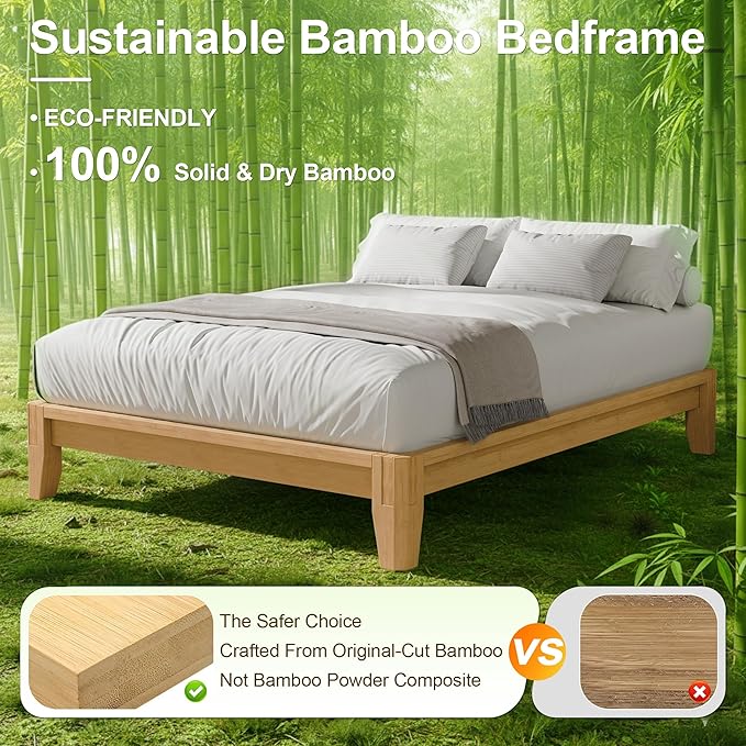Dolonm Full Solid Wood Bamboo Bed Frame Mid-Century Modern Bed Frame Floating Center Support Legs Sturdy Solid Wood Slat Easy Tool Free Set Up（Full Natural）