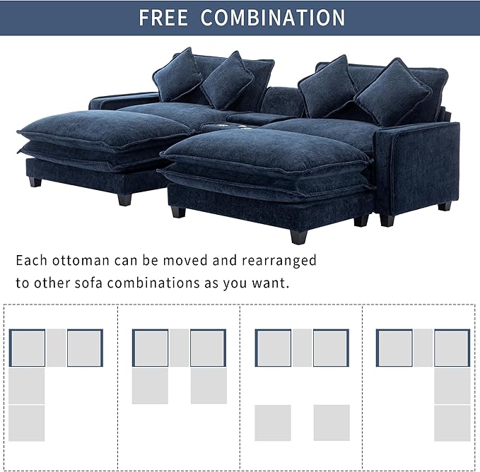 Sectional Sofa Chenille Upholstered with 2 Removable Ottoman 2 USB Ports 2 Cup Holders Large Storage Box for Living Room