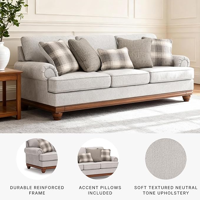 Signature Design by Ashley Meadowview Classic Upholstered Sofa with Reversible Seat Cushions 5 Accent Pillows and Rolled Armrest Light Gray