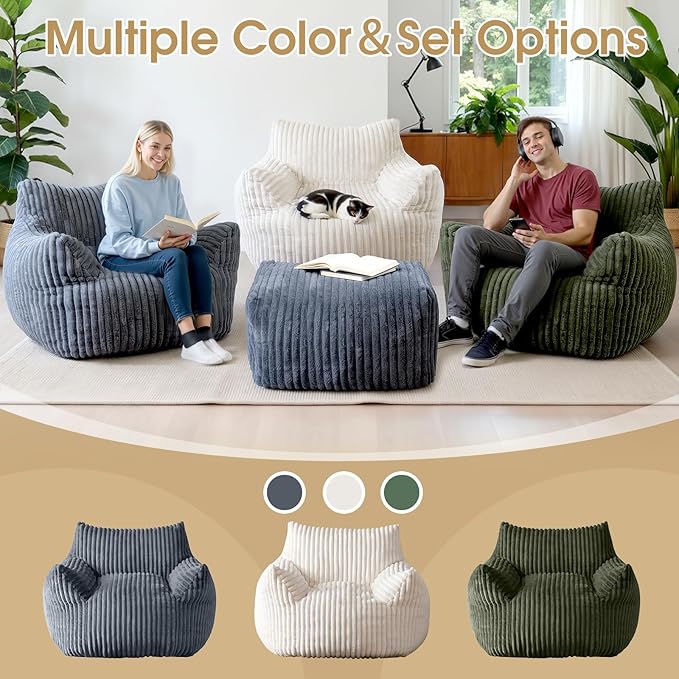 Giant Bean Bag Chair with Ottoman Oversized Plush Comfy Bean Bag Sofa for Adults and Kids Memory Foam Mini Couch Single Lounges for Living Room Bedroom &amp Game Room(Green)