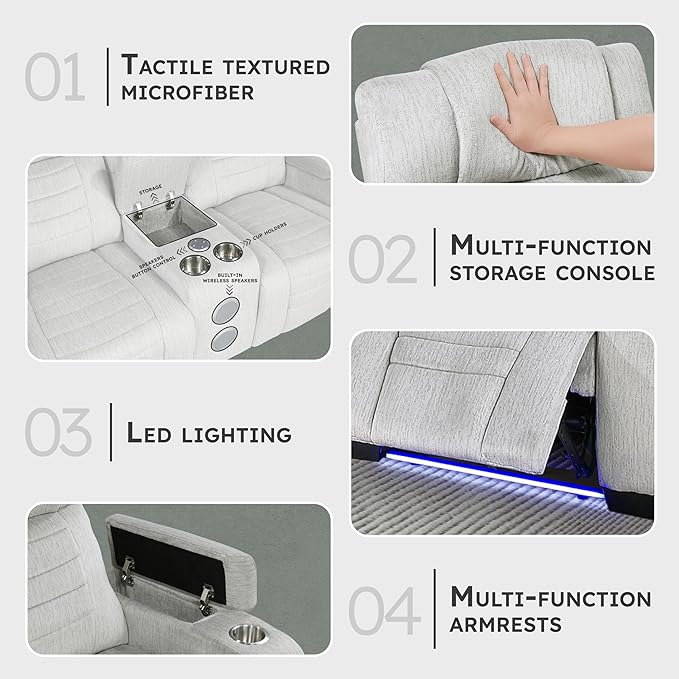 Lexicon Wall Hugger Manual Double Reclining Loveseat with Console Microfiber Home Theater Seating with Cup Holders/Hidden Arm Storage/Wireless Speakers/LED Base Lighting for Living Room Light Gray