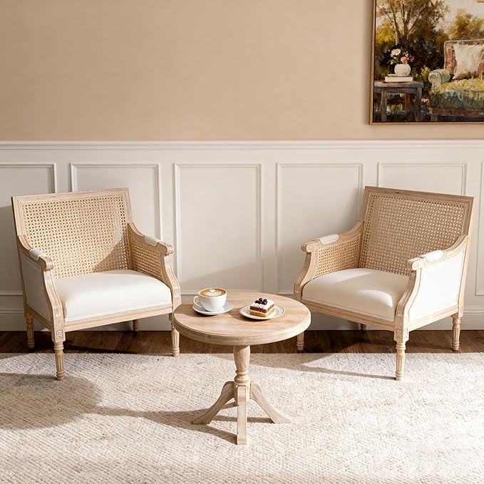 French Accent Chair(Singel) Upholstered Armchair with Vintage Rattan Hollow-Out Back and Solid Rubberwood FrameReading Chair for Living Room Bedroom Farmhouse Balcony Home Office Beige