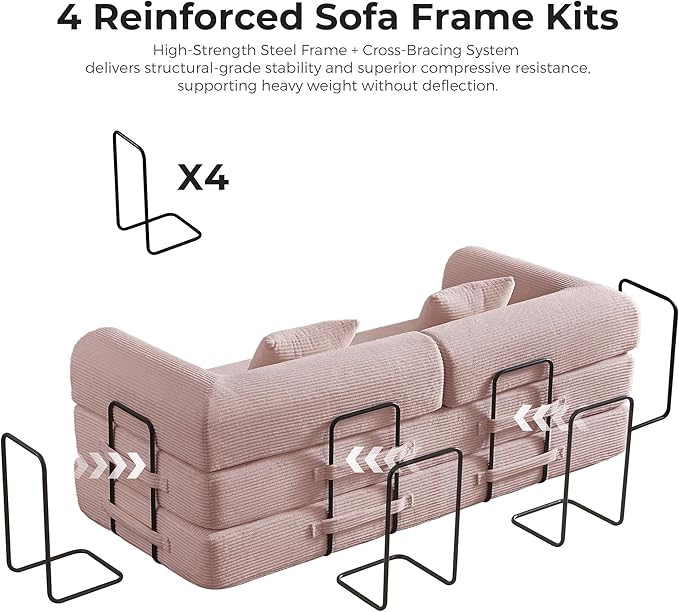 79'' Convertible Sofa Bed 5-in-1 Folding Corduroy Sleeper Couch with Pull Out Bed Oversized Modular Floor Sofa No Assembly Space-Saving Guest Bed for Apartment Living Room Bedroom (Pink) | Convert