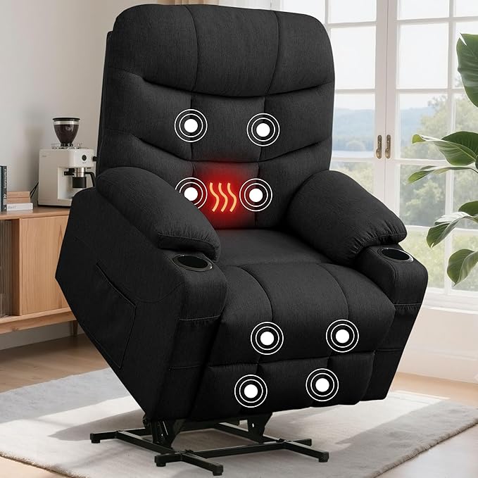 Power Recliner Chair with Massage and Heating Electric Recliner Chair for Elderly and Adults Power Lift Recliner with Remote Control and Cup Holders for Living Room Linen Fabric Black