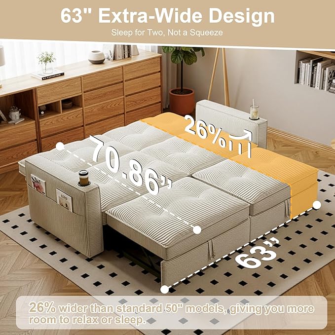 Sleeper Sofa Bed Queen Size Sofa Bed Convertible Pull Out Couch with Adjustable Backrest USB Port and Side Pockets Modern 2 Seater Small Couches for Living Room Space-Saving