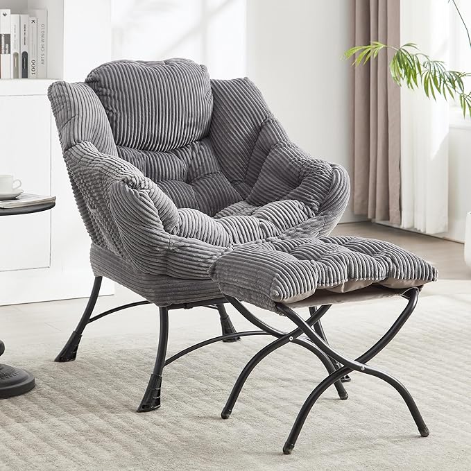 Lazy Chair with Ottoman Comfy Lounge Chair for Reading Relaxing and Napping Perfect for Living Room Bedroom or Office Grey