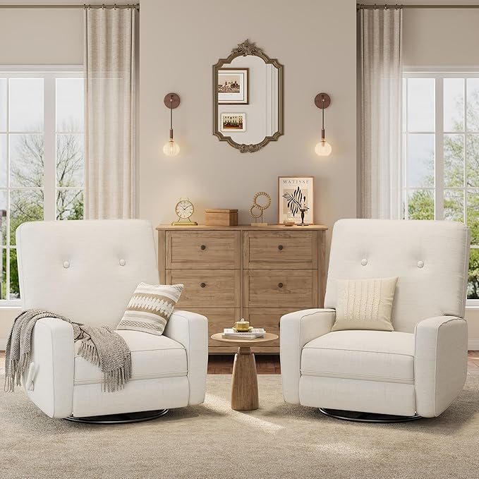 GarveeHome Recliner Chairs Swivel Rocker Recliner Glider Recliner Nursery Chair Recliner Chair for Adults 360°Swivel Glider Rocking Chair for Living Room Bedroom Office Linen White