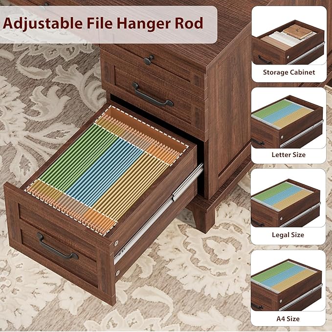 60 Inch Farmhouse Computer Desk with Charging Station &amp File Cabinet Wooden Office Desk with Power Outlets USB Ports and Ample Storage Drawers for Home Workspace Executive Writing Table.