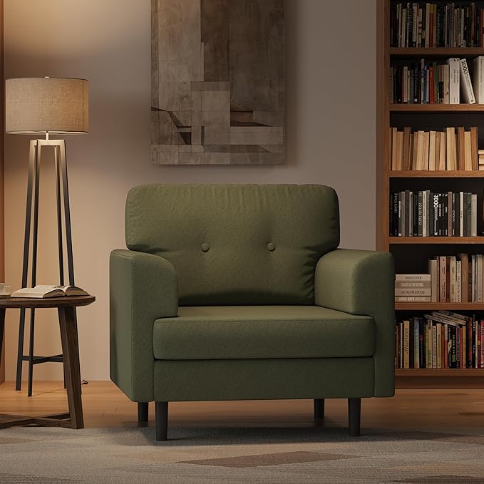 38 Wide Sage Green Accent Chair Modern Linen Upholstered Armchair with High-Density Foam Comfy Reading &amp Lounge Chair for Living Room Bedroom Home Office &amp Reading Nook (Earthy Green Tone