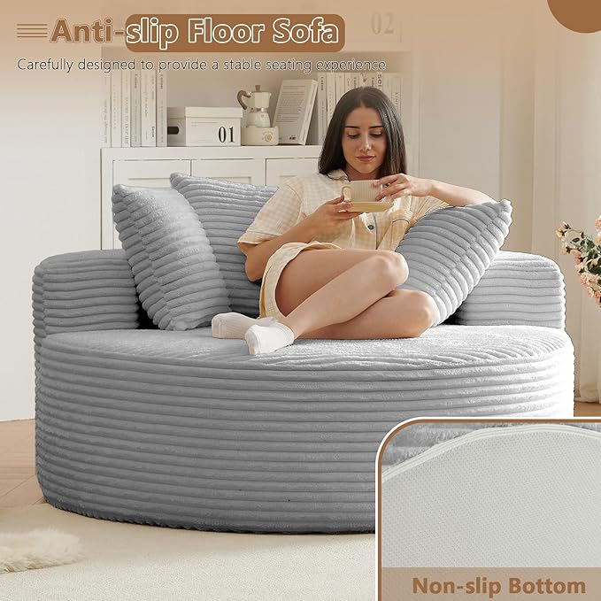 Oversized Round Chair Lounge Chaise Indoor Upholstered Corduroy Deep Seat Cloud Large Circle Sofa Chair No Assembly Required Fluffy Modern Sleeper Sofa Bed for Reading Living Room Light gray