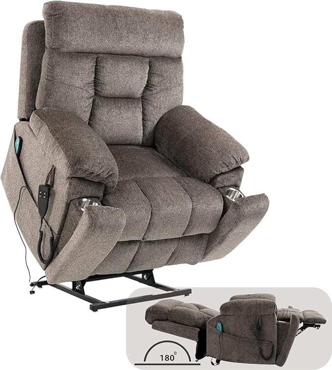 Dual Motor Lay Flat Lift Chairs Recliners - Extra Wide Big Man Recliner with Heat &amp Massage - Hidden Cup Holder - 400 lbs Capacity