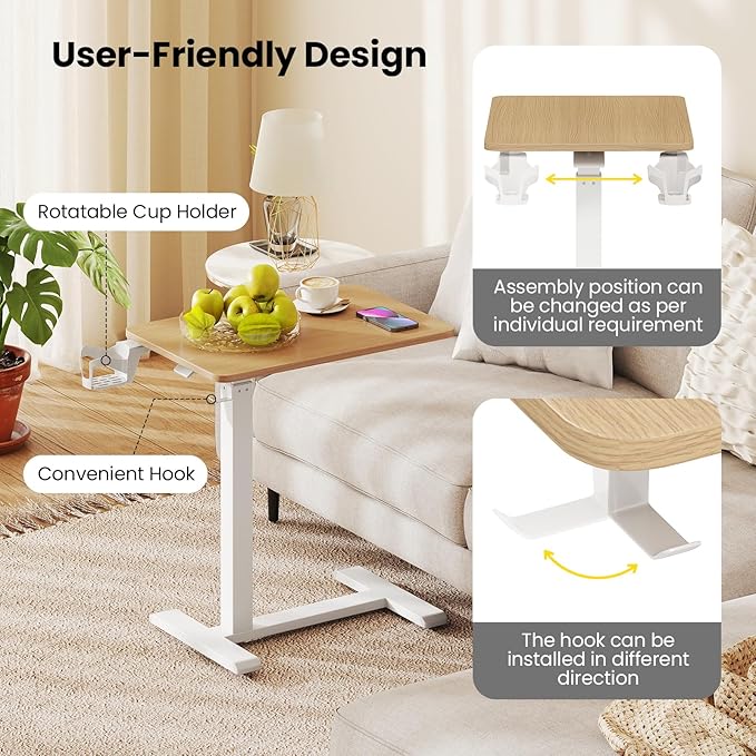 GOFLAME Rolling Standing Desk C Shaped End Table Adjustable Height with Hidden Wheels Cup Holder &amp Headphone Hook Mobile Sofa Couch Bed Side Table for Living Room Home Office (Natural)