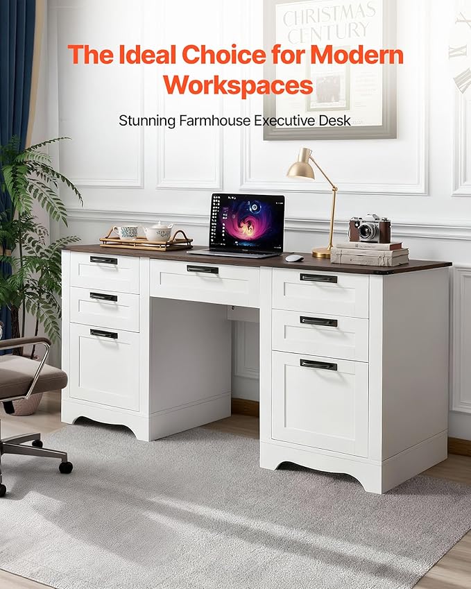 VEVOR 60 Executive Desk with Drawers Farmhouse Home Office Desk with Charge Station Keyboard Tray File Storage Cabinet 200 LBS Load Capacity Wood Table Easy Assembly for Work Study Walnut