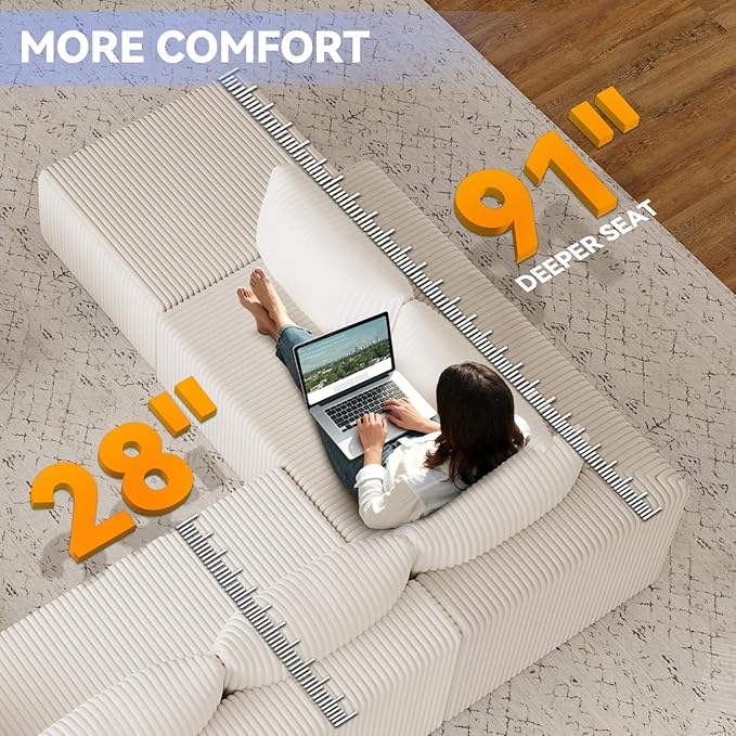 135 U Shaped Boneless Couch Oversized Boneless Sectional Couches for Living Room Large Modular Sofa with Ottoman Plush Corduroy Couch with Deep Seat Chaise No Assembly Beige