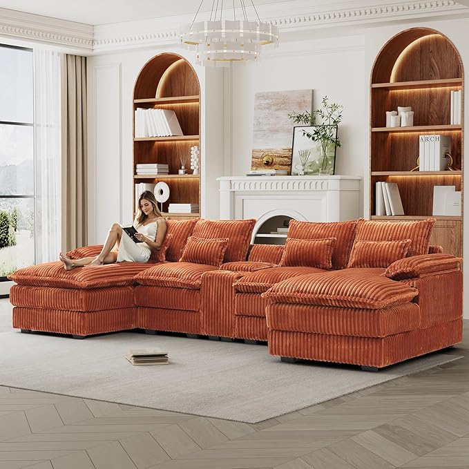 HYJT-H&ampK 124 U Shaped Cloud Couch Sectional Comfy Fluffy Plush Corduroy Orange Sectional Couches for Living Room Modern Modular Corduroy Couch Sectionals with Central Console &amp Double Chais