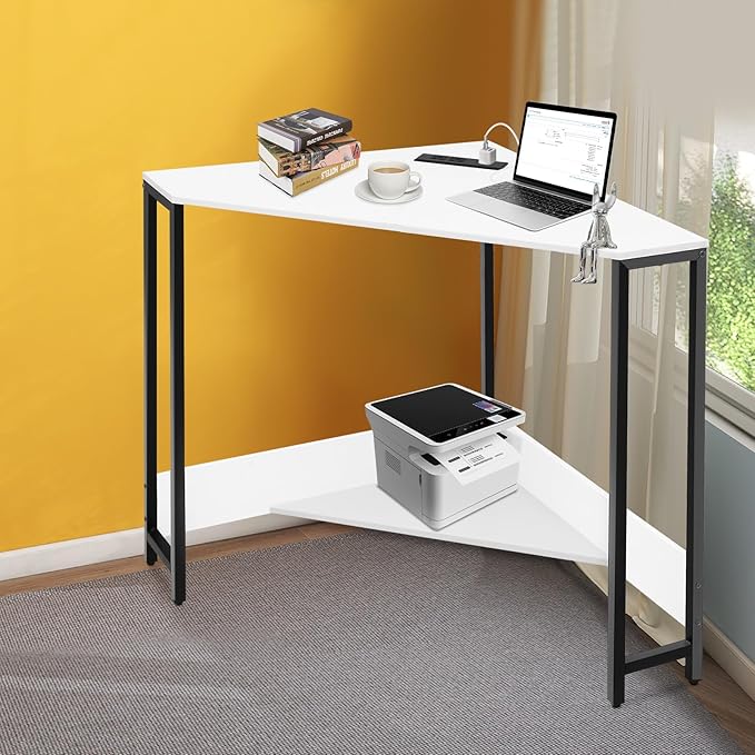 Small Corner Desk with Outlet Corner Table for Small Space Industrial Computer Desk w/USB Ports Triangle Desk for Home Office Workstation Living Room Bedroom (White)