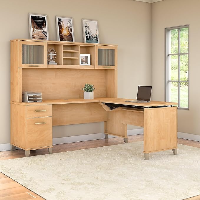 Bush Home Somerset 72W 3 Position Sit to Stand L Shaped Desk with Hutch in Maple Cross | Adjustable Height Table for Office