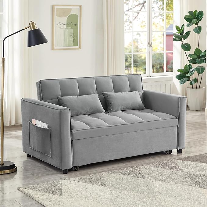 Loveseat Sleeper Sofa 3 in 1 Convertible Sofa Bed Adjustable Backrest Comfy Pull Out Couch Modern Upholstered Sofa for Living Room Bedroom Apartment Small Space (a-Grey)