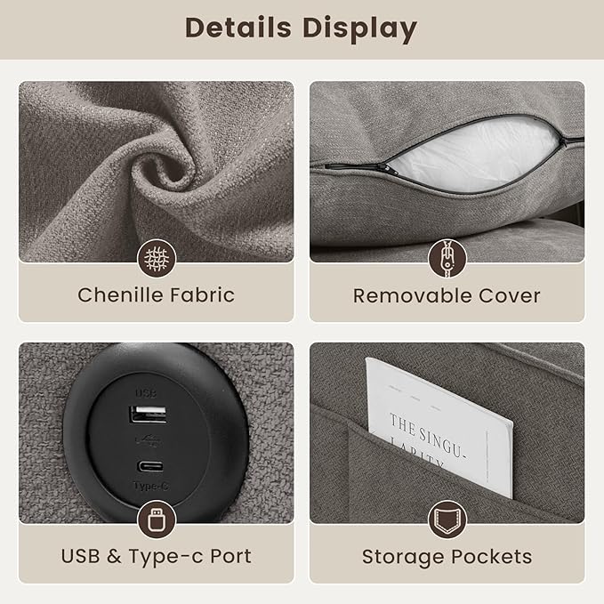 PARKOL 101 L-Shaped Sectional Couch with Storage Sofa with Reversible Chaise USB Type-C Charging Chenille Fabric Removable Cushion Covers for Small Space Apartment Living Room Light Gray