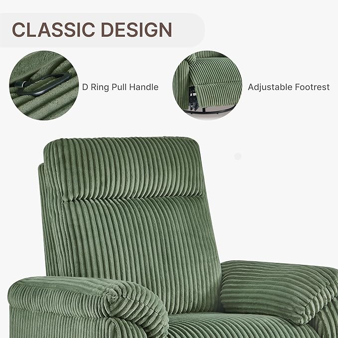 Swivel Rocker Recliner for Adults Corduroy 360 Degree Swivel Glider Recliner Manual 3-Position Adjustable Easy Assembly for Small Space Living Room Nursery Bedroom