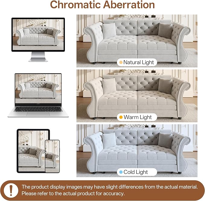 83.8'' Sleeper Sofa Bed Queen Convertible Pull Out Couch Chesterfield Futon Sofa Bed with Flower-Tuffed Back Velvet Daybed 2 Pillows Loveseat Couches for Living Room Bedroom Light Gray
