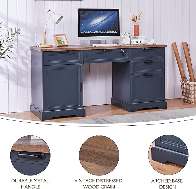 60 Farmhouse Executive Desk with 40 Mobile File CabinetL Shaped Desk Set with Charging StationOffice Desk with Storage DrawersWood Computer Desk Set for Office WorkHome Study