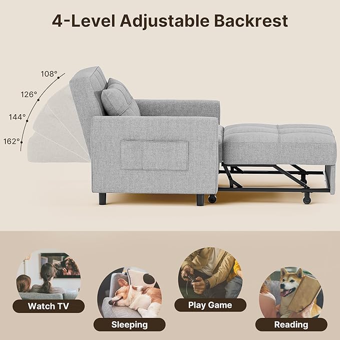 Gizoon Sofa Bed Chair 3 in 1 Convertible Pullout Single Sleeper Chair Bed with Adjustable Backrest Spacious Multifunctional Sofa Couches for Living Room Bedroom Apartment