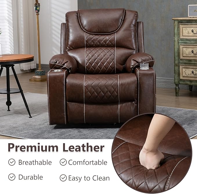 Oversized Power Lift Recliner Chair 400 LBS for Big and Tall Elderly 26 Extra Wide Zero Gravity Electric Recliner Chair with Massage and Heating Leather Home Theater Seat Brown