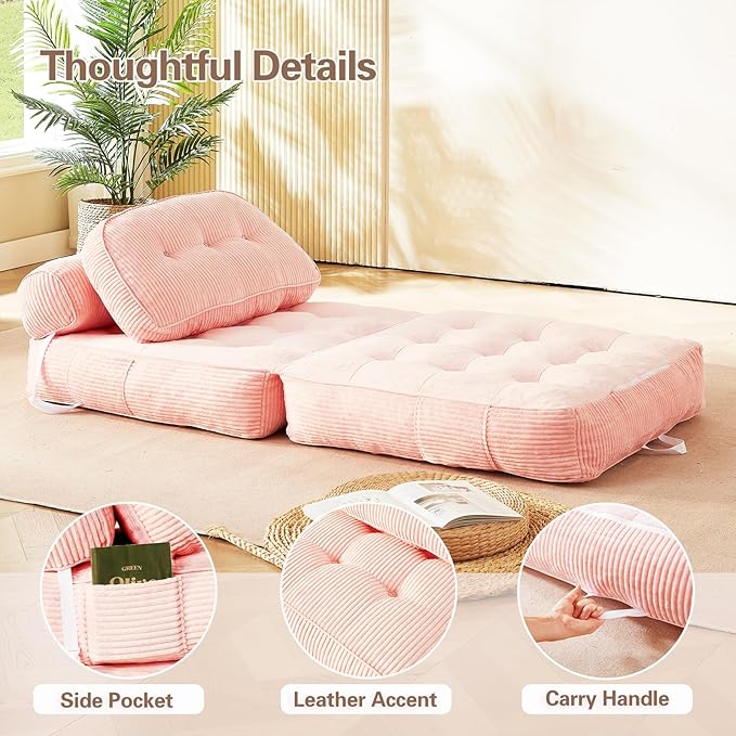 Folding Sofa Bed Flannel Futon Couch Bed with Pillow and Blanket Convertible Sleeper Chair for Living Room Bedroom (Pink+Black)