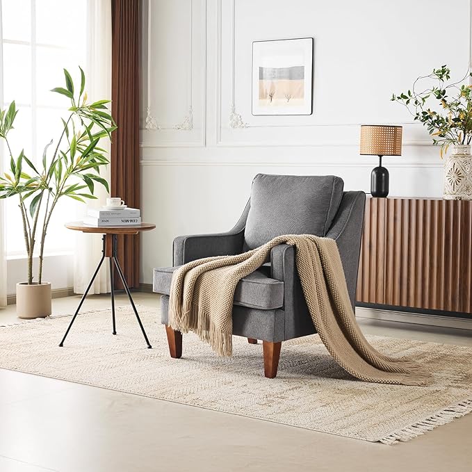 VINGLI Mid-Century Modern Accent Chairs Set of 2 Light Grey Upholstered Armchair Comfy Sofa Chairs Reading Chair High Back for Living Room Bedroom Furniture Apartment