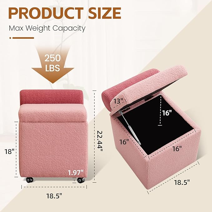 Boucle Vanity Chair with Storage Swivel Makeup Vanity Chair with Wheels &amp Safety Hinge Upholstered Vanity Stool Ottoman for Bedroom Dressing Room Pink