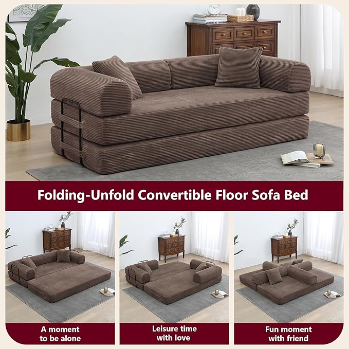 JJJ 78 inch Sofa Bed 4-in-1 Boneless Convertible Corduroy Sleeper Folding Couch with Fixed-Shape Frame and 2 Futons No Assemble Required 3 Seater Upholstered for Living Room (Brown 78 inch)
