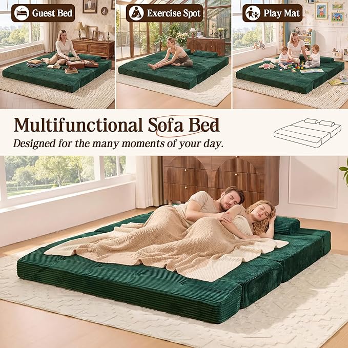 78.7IN Folding Sofa Bed - Convertible Sleeper Sofa Couch with Removable Pillows 3 Seater Couches Bed for Living Room Bedroom Apartment No Assembly Required Freestanding Corduroy Green