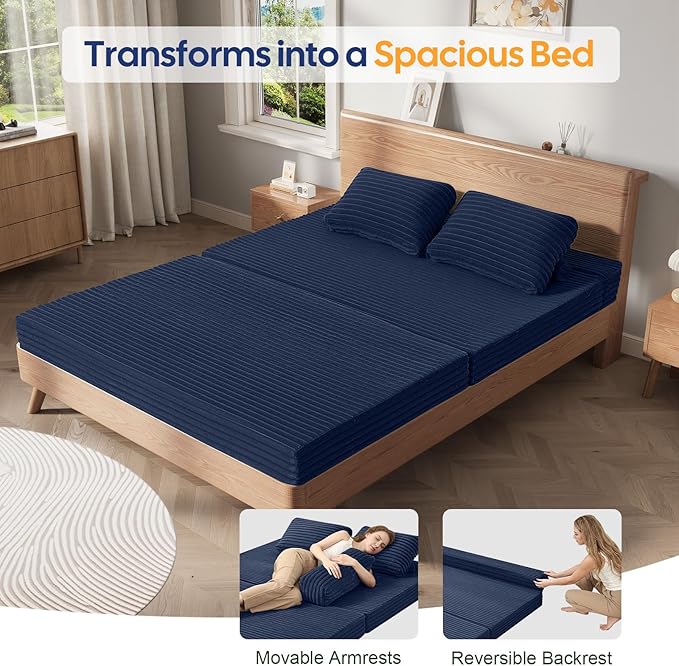 MeMoreCool Convertible Sofa Bed Folding Floor Couch Bed Queen Pull Out Sleeper Couch with Pillows Fold Out Futon Sofa for Bedroom Living Room Small Space Corduroy Beige