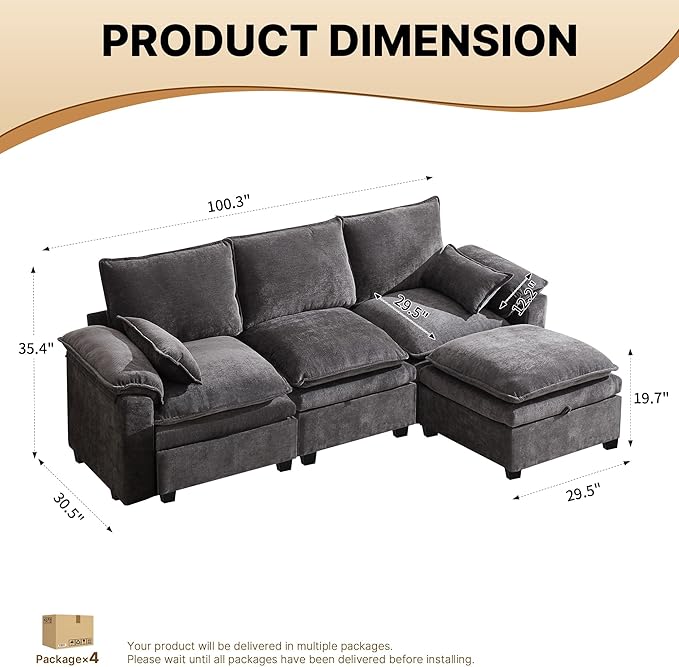 100 Modular Sectional Sofa L Shaped with Storage Chenille Cloud Couch for Small Spaces Living Room Apartment Comfy Deep Seat with Reversible Ottoman (4 Seats Grey)