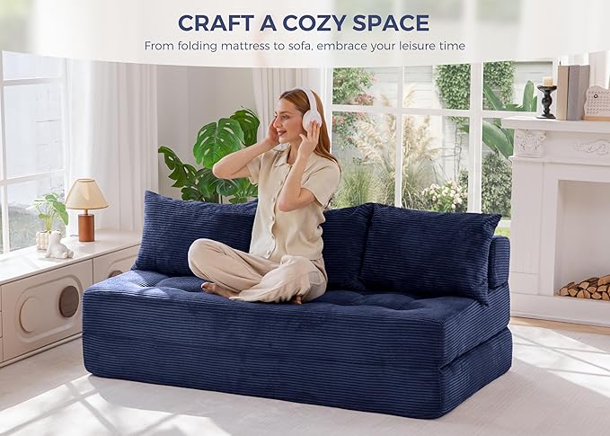 MAXYOYO Folding Sofa Couch Convertible Floor Sleeper Couch with 3 Pillows Tufted Floor Oversized Loveseat Couch Tufted Fold Out Chair Bed Comfy Sofa Lounge for Living Room Bedroom Navy