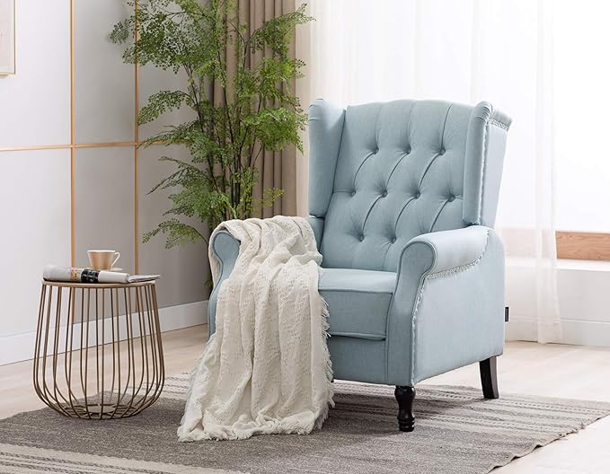Artechworks Winged Fabric Modern Accent Chair Tufted Arm Club Chair Linen Single Sofa with Wooden Legs Comfy Upholstered for Reading Living Room Bedroom OfficeLight Blue