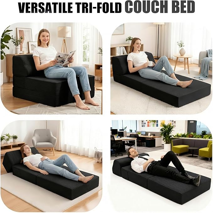 Folding Sofa Bed with Pillow Memory Foam Fold Out Chair Bed Convertible Sleeper Chair with Washable Cover Futon Floor Couch for Living Room/Dorm/Guest Use/Home Office/Apartment Black