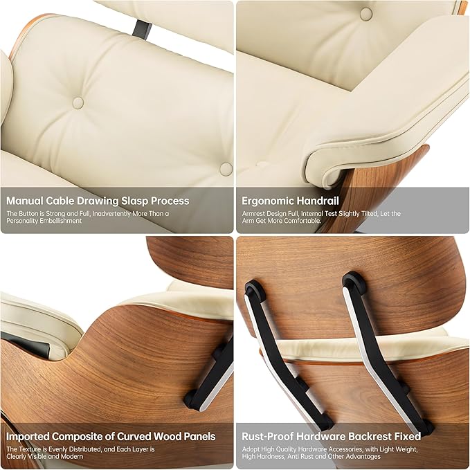 Top Cream White Grain Leather Mid Century Chaise Lounge Chair and Ottoman Modern Chair Classic Design Walnut Wood Heavy Duty Base Support for Living Room Office
