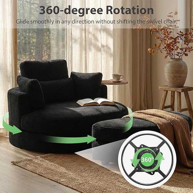 Yoglad 51” Swivel Barrel Chair with Storage Ottoman Corduroy Upholstered Accent Chair and A Half with Tray Table Oversized Chaise Lounge Round Sofa Chair for Living Room Bedroom(Black)