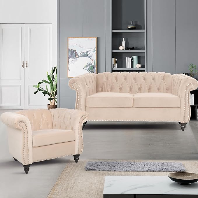 Velvet Loveseat Sofa Mid Century Modern Upholstered Couch 62 Oversized Comfy 2 Seater Love Seat Couch with Cushions Tufted Chesterfield Sofa for Living Room Bedroom Apartment (Beige)