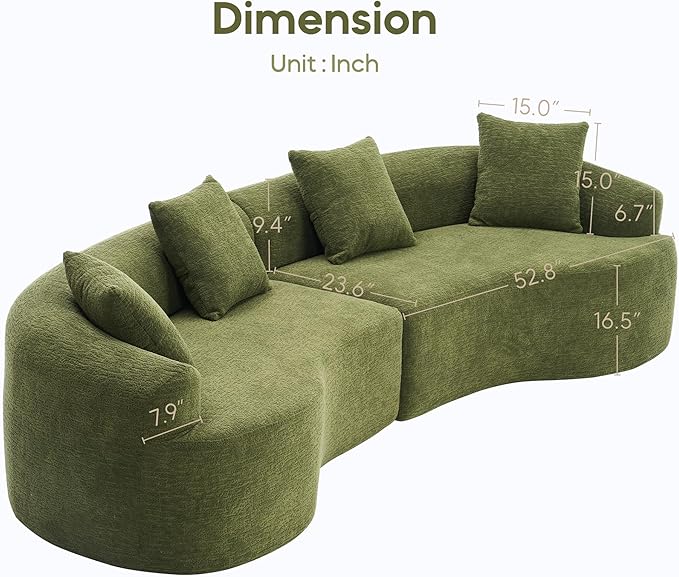 Yoglad 110‘’ Boneless Curved Sofa Modern Cloud 4-Seater Floor Couch Minimalist Compression Sofa for Living Room Apartment Studio Office No Assembly Needed(Chenille Green)