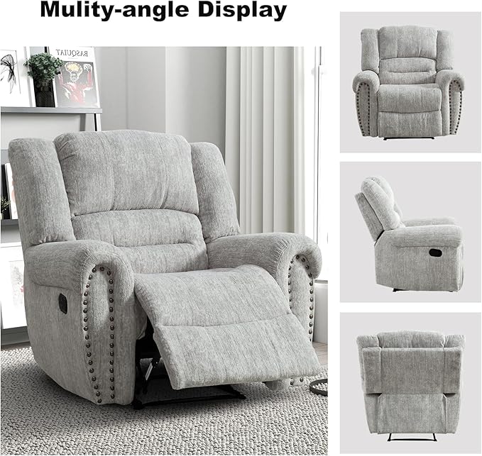 INZOY Recliner Chair Heavy Duty Manual Reclining Sofa Single Lounge Sofa for Living Room Home Theater Seating Grey White