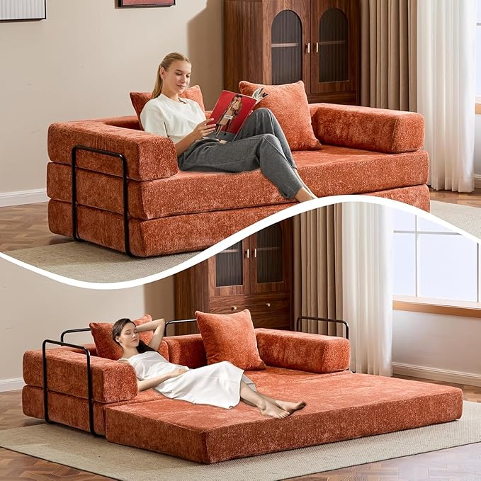 Convertible Sleeper Sofa Bed Compression Folding Sofa with Pillow No Assembly Required Shape Frame Floor Sofas Lounge Couch for Living Room Bedroom Small Spaces (Chenille 77''W Orange)